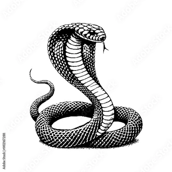 Fototapeta Black and white illustration of a coiled cobra with intricate detailing