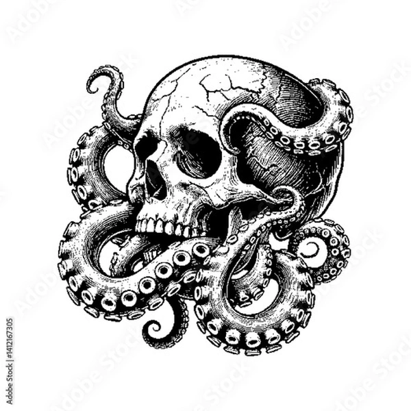 Obraz Intricate illustration of a skull entwined with an octopus in a vintage style