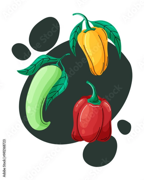Obraz Cartoon vector illustration of vibrant bell peppers with green tops on a dark abstract background. Bright, playful, and perfect for food or farm-themed designs.