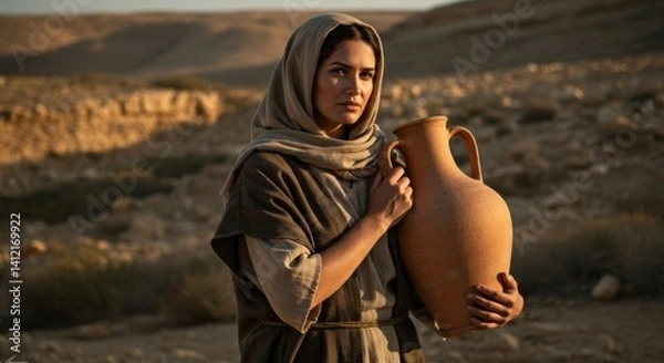 Obraz Woman holding ceramic jar with desert landscape background. Samaritan woman from bible times concept for religion themed greeting card and scripture study visual aid.	