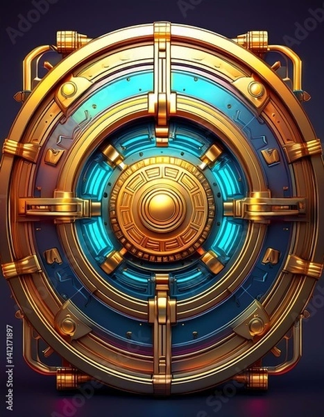 Fototapeta A detailed and colorful futuristic shield design with a metallic finish and glowing accents.