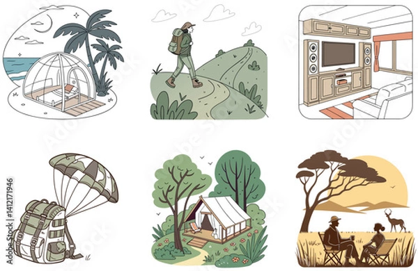 Fototapeta Camping Bundle. Red and White Circus Tent Collection Illustrations