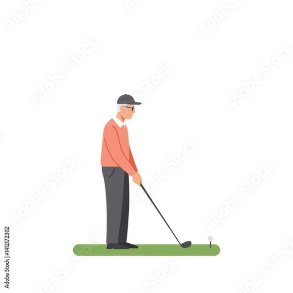 Fototapeta Old man playing golf on the green near the hole with a flag. Sports competition concept illustration for golfing event, retirement activity, or active seniors lifestyle.