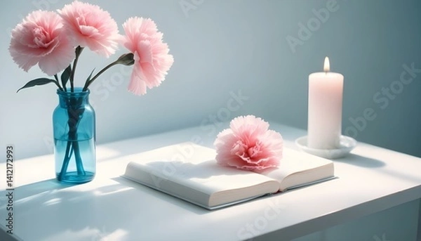 Obraz White book mockup with a pink carnation and a candle on a white table.