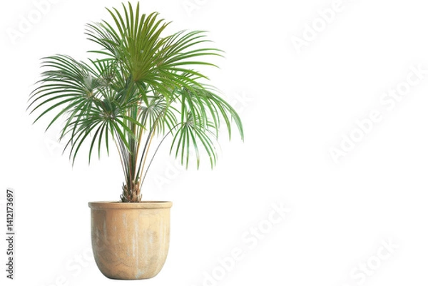 Obraz Lush green palm plant thriving in a natural clay pot against a minimalist backdrop isolated on transparent background