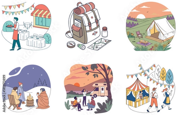 Fototapeta Camping Bundle. Hiker Resting Tent Mountain Collection Illustrations