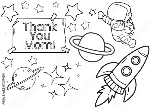 Fototapeta children colouring page with cosmos elements and Thank You Mom text; easy to print & use on art lessons; white background; easy level