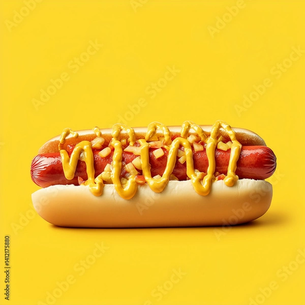Fototapeta Minimalist hot dog illustration with ketchup and mustard on a bold red and yellow background. A pop-art-inspired design perfect for street food posters, fast food branding, or playful menu visuals.