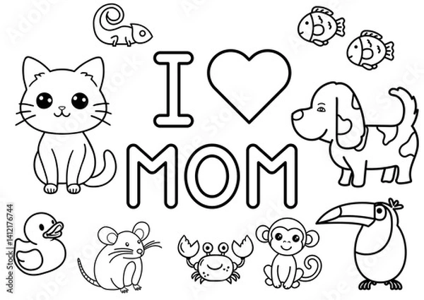 Fototapeta set of super-cute smiling animals and "i love mom" inscription on coloring page with white background; outline to fill with colored marker or crayon; easy level