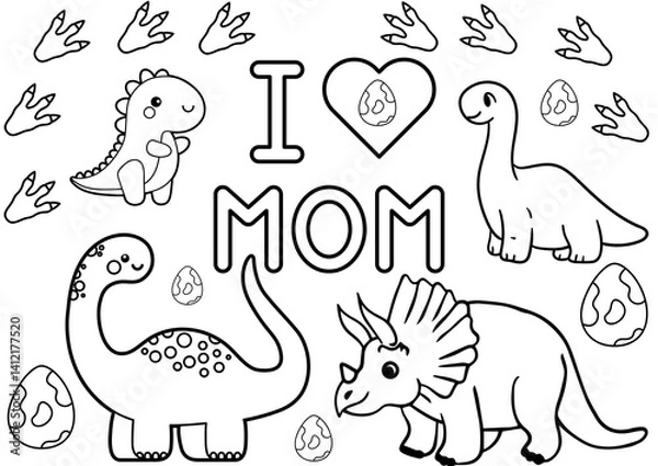 Fototapeta colouring page with i love mom words and cute, smiling dinosaurs; perfect as a printable material to use in kindergarten or primary school on art lessons; white background