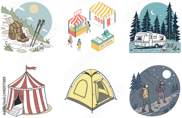 Fototapeta Camping Bundle. Empty Circus Tent Stage Collection Illustrations