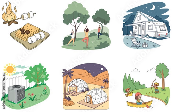 Fototapeta Camping Bundle. Resting Man Sunset Relaxation Collection Illustrations