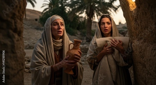 Obraz Women at Jesus Tomb Surprised. Biblical easter story scene of two women finding empty tomb. Religious easter history background resource for easter card and poster.	