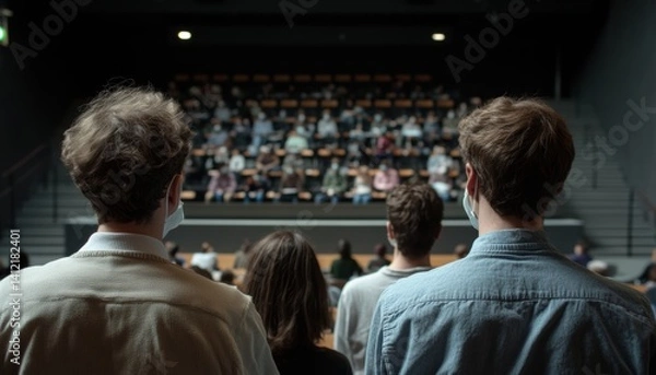 Fototapeta University deans overlooking audience with masked faces in lecture hall educational environment engaging perspective