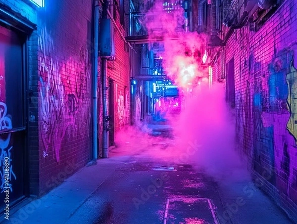 Fototapeta Pink and blue smoke billows down a dark, graffiti-tagged alleyway illuminated by the harsh glow of neon signs, creating an atmospheric cyberpunk urban environment.