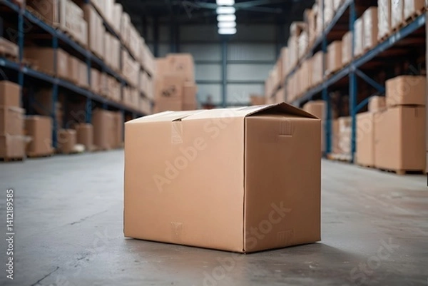 Fototapeta A big parcel box in a blurred industrial warehouse background with copy space. Logistic concept.