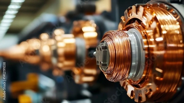 Fototapeta Close-up of copper wire coils in a high-tech industrial machine component