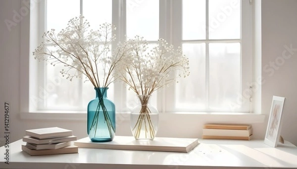 Fototapeta White frame mockup with books, manikin and a gypsophila in a vase on a white table.Portrait orientation.
