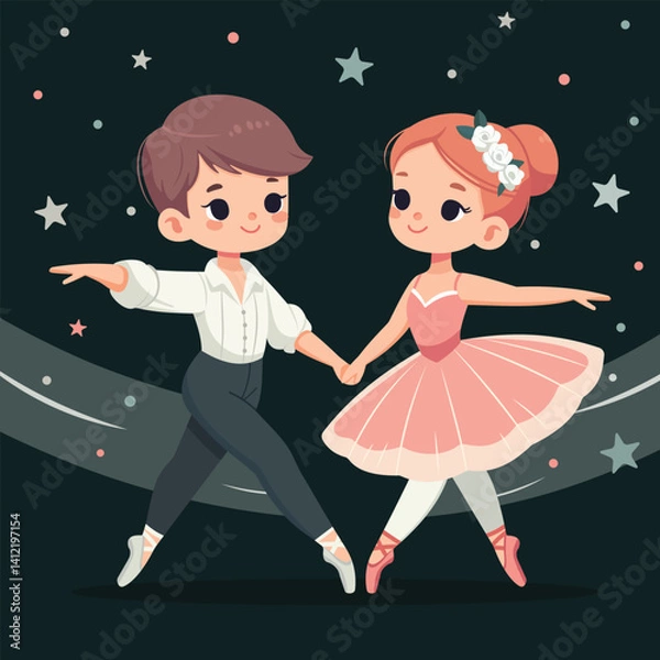 Fototapeta Pretty and gentle a pair of ballerinas dancing with stars and music. Poster, Banner, Flyer, Greeting Card. Vector illustration in flat cartoon style