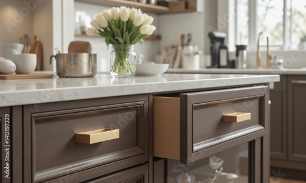 Fototapeta Modern kitchen drawer handles in a mocha mousse finish with smooth edges and a subtle matte texture, contrasted with brushed