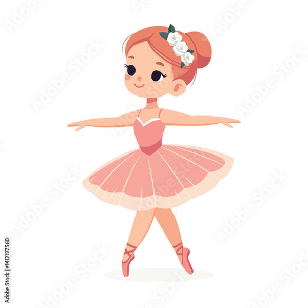 Fototapeta Pretty and gentle ballerina girl in pink dress dancing with stars on white background. Poster, Banner, Flyer, Greeting Card. Vector illustration in flat cartoon style