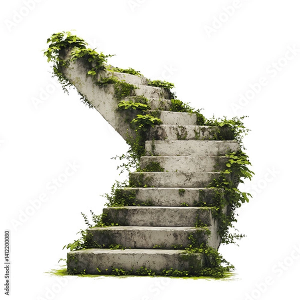 Fototapeta Png of Weathered stone stairs overgrown with lush green vines, symbolizing nature's reclamation of built environments.
