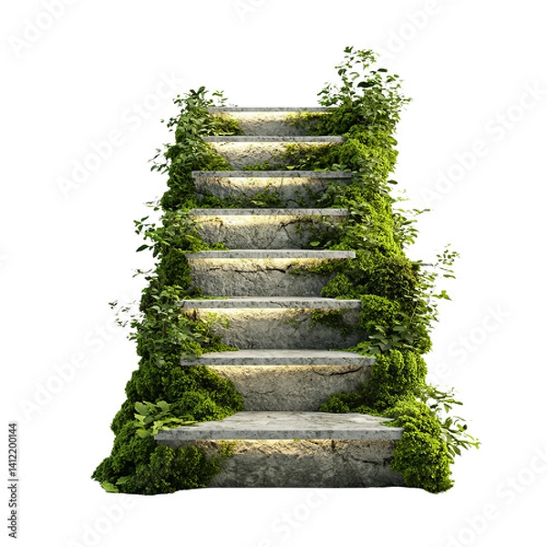 Fototapeta Png of A serene staircase overgrown with lush greenery, inviting nature into an otherwise concrete world, symbolizing rejuvenation.