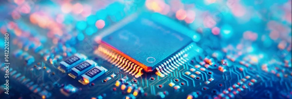 Obraz Computer Microchips and Processors on Electronic circuit board. Abstract technology microelectronics concept background. Macro shot, shallow focus.