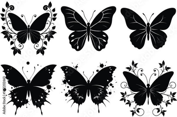 Fototapeta PrinSilhouette butterflies, black and white, ink splatter effect, decorative wings, symmetrical designs, vintage illustration style, botanical art, nature-inspired patterns, vector graphics, 
