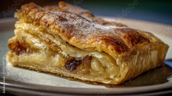 Fototapeta Mouthwatering Eccles Cake with Buttery Pastry and Rum-soaked Fruits on a Rustic Plate