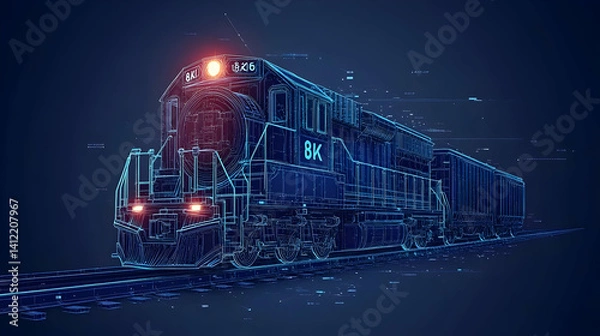 Fototapeta Futuristic Train Consisting of Pixels and Digital Data with Glowing Headlight in a Dark Blue Technological Background
