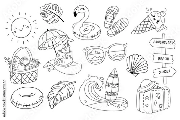 Obraz Summer coloring page with beach elements and cute drawings