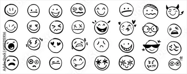 Fototapeta Smile doodle emoji faces in hand drawn vector doodle sketchy style. Happy, sad, crying emotional scribbles, comic elements for business design.