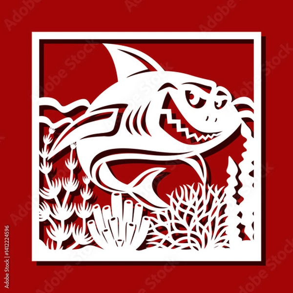Obraz Carved picture with a shark. Large fish, algae, corals in a square frame. Sly evil smile. Template for plotter laser cutting of paper, fretwork, wood carving, metal engraving, cnc. Vector illustration