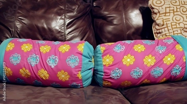 Fototapeta Whimsical floral bolster pillows resting on a chocolate leather sofa at home