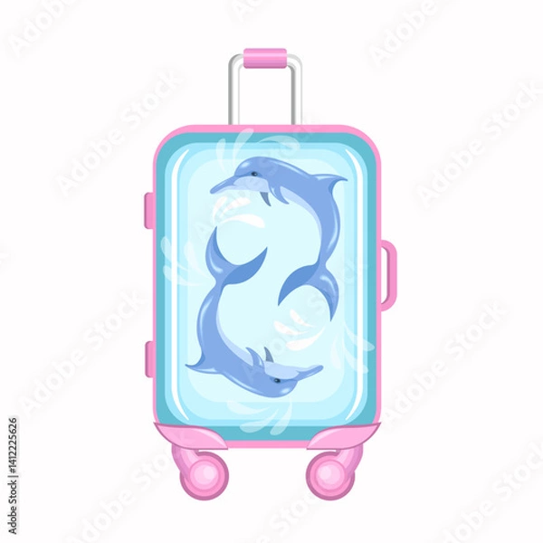Obraz The suitcase for children is pink and blue with dolphins, isolated on a white background.Vector children's luggage for summer travel designs.