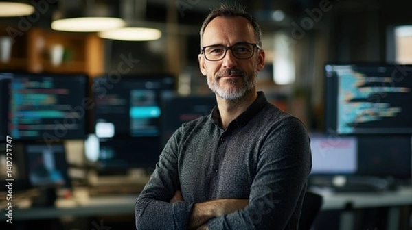 Fototapeta Professional programmer in modern office environment with multiple computer screens displaying code, showcasing technology and expertise in software development