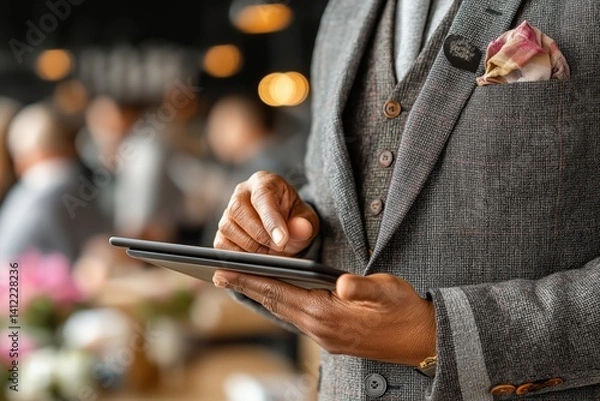Fototapeta Close-up of finance woman holding tablet in business setting, serious expression. Concept of finance woman tablet highlights importance of technology in modern business.