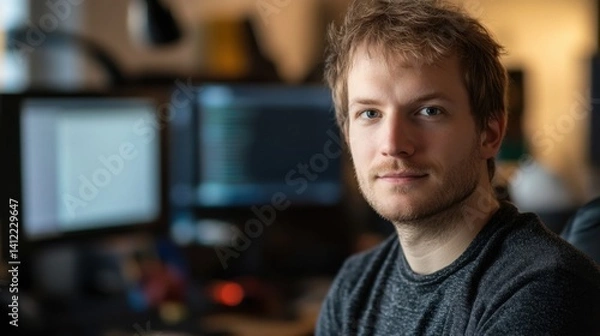 Fototapeta Thoughtful young man sitting in front of computer screens, showcasing modern workspace setup with focused expression and casual attire in soft lighting