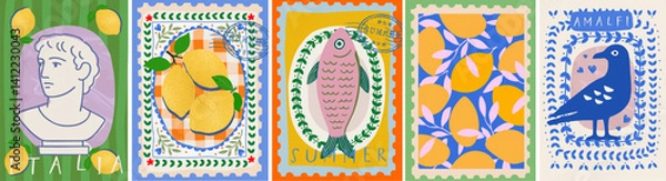 Fototapeta Summer. Italy. Amalfi. Vector illustration of Mediterranean Italian tile with seagull, lemons, sardine fish, antique bust, mango pattern for poster, card or background