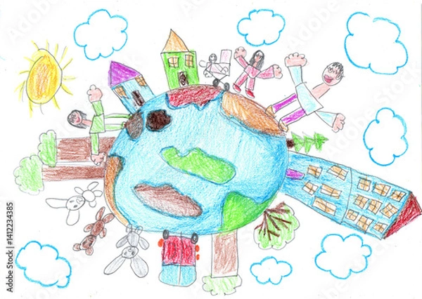 Obraz Child drawing of multicultural children holding hands around the world. Happy Children's Day. World peace. No war. Pencil art in childish style