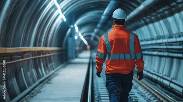 Fototapeta worker walking at railway tunnel