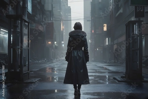 Fototapeta Back view of a woman in a coat standing in a broken futuristic city.