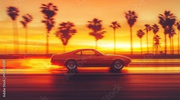 Fototapeta car driving on the beach with palm trees in the background Under the orange sunset