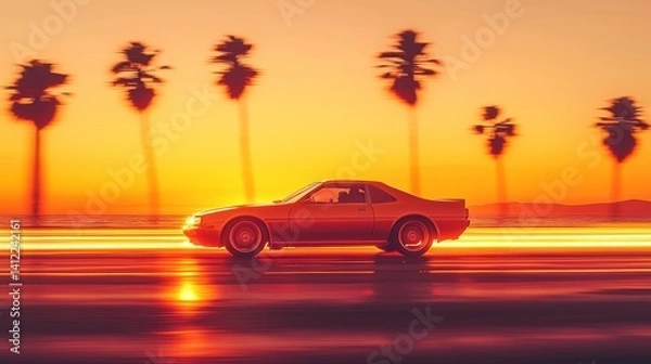 Fototapeta car driving on the beach with palm trees in the background Under the orange sunset