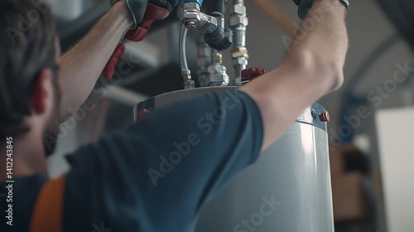 Fototapeta Plumber installing a water heater. Featuring plumbing installation and expertise