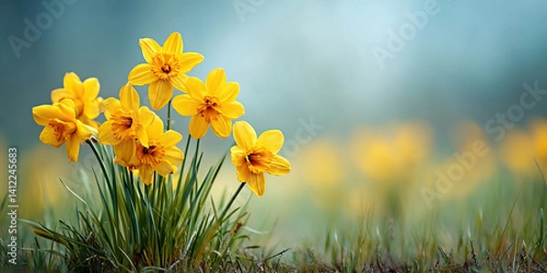 Obraz Bright Yellow Daffodils Blooming in a Green Springtime Meadow

