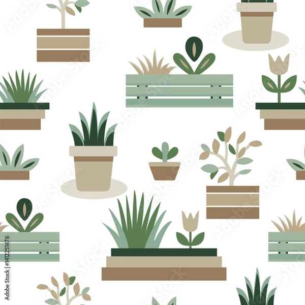 Fototapeta Seamless ecology pattern with plants in boxes and goshkas in green and beige colours