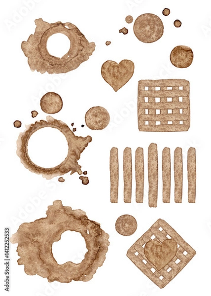 Obraz Abstract isolated shapes: circles, lines, dots and brush splatter. Coffee watercolor. Hand drawn. Great design for any purpose