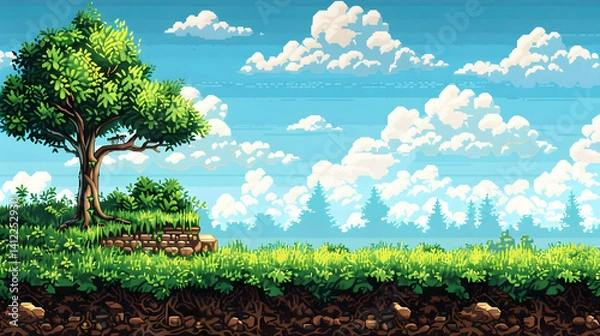 Fototapeta Green Tree on Hill with Blue Sky and Clouds Pixel Art Landscape in Outdoors